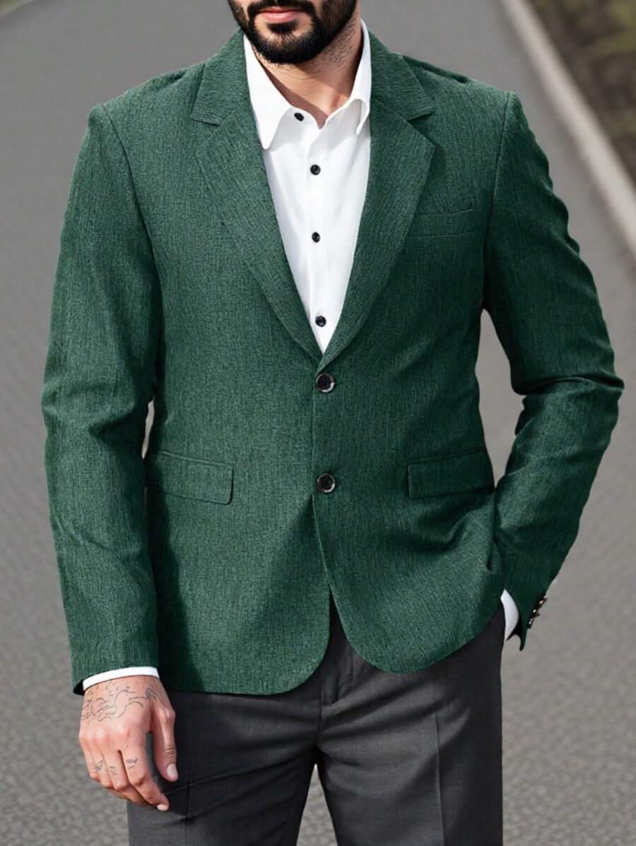 Calvornis 男士纯色翻领长袖休闲西装夹克 - 綠色 - 查看 1