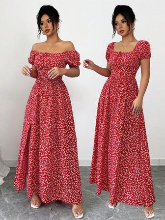 Rafferiza Women's Vacation Romantic Elegant Ditsy Floral Shirred Puff Sleeve Cinched Waist A-Line Casual Holiday Valentine's Day Occasion Bow Back Halter Dress, Multiple Wearing Styles, Spring/Summer New Arrival Graduation Spring Dress Beach Women Outfits Sun Slits Long Maxi Dress