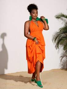 Slaydiva Plus Size Women's Orange Summer Beach Dress,Halter Hollow-Out Multilayer Ruffle Hem Waisted Midi Dress For Holiday,Vacation & Casual Styles - Orange - View 1