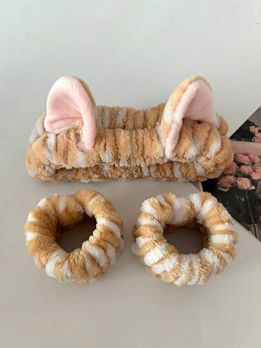 3pcs Multi-Functional Leopard Striped Cat Ear Headband, Waterproof Wristband For Washing Face And Makeup Home Bathroom Decor Summer - Multicolor - View 1