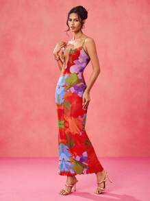 Eva Novielli Designer Multicolor Floral Printed Mesh Spaghetti Straps Deep V Bodycon Maxi Dress, Spring And Summer Sundress, Concert Outfit, Spring Break, Rave, Prom Dress, Brunch Outfits, Tea Party Dress - Multicolor - View 4