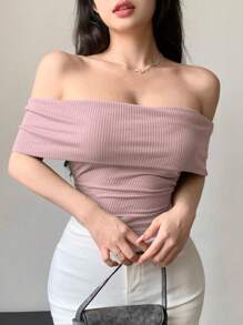 DAZY 休闲简约纯色露肩紧身 T 恤