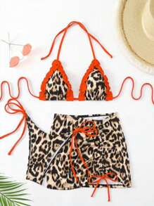 SHEIN Slayr Conjunto de bikini de 3 piezas con falda de sarong, estampado de leopardo y lazo en el cuello para mujer, ideal para el verano y la playa