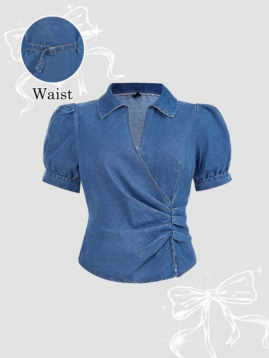 SHEIN MOD Plus Size Women Dark Blue Denim Collared Short Sleeve Bodycon Top,Summer Casual Everyday Y2k Cowgirl 90s Streetwear 2000s Style Rave Festival Concert - Blue - View 1