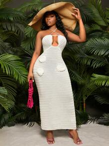 SHEIN SXY Plus Size Women  Sexy Spring And Summer Vacation Style 3D Floral Decor Wrap Tie Neck Long Knitted Dress,Suitable For Early Spring, Spring And Summer, Rainforest, Beach Party, Seaside Vacation, Bonfire Party, Cool And Light, Slim Fit, Comfortable To Wear,Easy To Match&Looks Slim,Accent Your Body,Flatter The Figure - Apricot - View 1