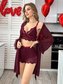 SilkySpell 3pcs Lace Splice Sexy Camisole Shorts + 3D Trim Wide Sleeve Mesh Robe Set - Maroon - View 5