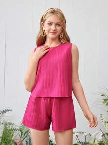 Set de 2 piezas de chaleco y shorts de color fucsia texturizado para adolescentes, estilo primavera/verano, vacaciones, verano, viaje