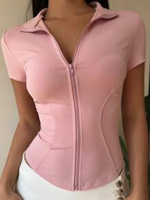 Muchica 女式休闲简约前拉链短袖修身粉色 T 恤 - 粉色 - 查看 4