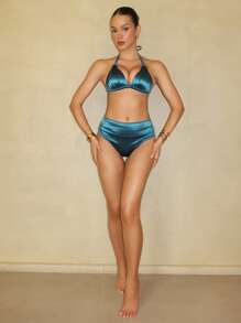 Swim SXY 2pcs Spring Break New Solid Color Triangle Halter Twist Ruched Summer Beach Holiday Party Sexy Elegant Women Swimwear Bikini Set - Blue - View 4