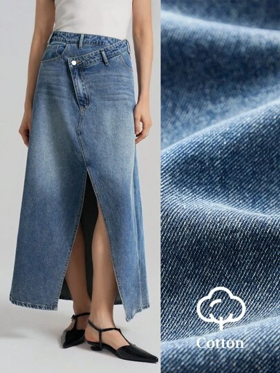 Ontre 女士牛仔铅笔裙，休闲合身前开衩，蓝色