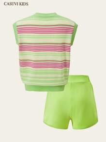 SHEIN Explorewe 2pcs/Set Girls Striped Lightweight Sweater And Shorts Set - Green - View 5