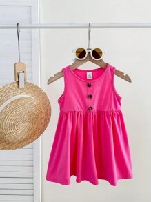 SHEIN 2pcs/Set Baby Girl Cute Floral Print Knitted Dress, Summer Clothes - Hot Pink - View 7