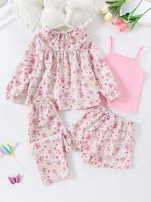 4pcs/Set Cute Cartoon Fairy Print Girls Sleeveless Shirt, Long/Short Sleeve Tee, Shorts And Pants Home Clothes - Pink - View 2
