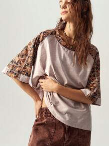 Bohemela 休闲针织圆领插肩短袖宽松大码 T 恤 - 駝色 - 查看 8