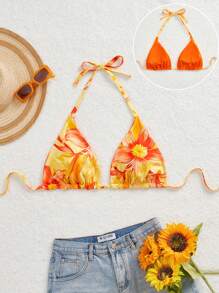 Swim Mod Plus Size Women Floral Print Sexy Triangle Bikini Top, Vacation Swimwear, For Summer Beach