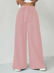 SHEIN Luminelle 女士休闲百搭纯色阔腿裤 - 粉色 - 查看 3