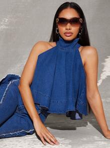 Vixey Ärmelloses Jeansshirt mit hohem Kragen und A-Linie, Streetwear für Frauen, Sommertops, Sommeroutfits für Frauen, Frühlingsoutfits für Frauen, Country, Western, Country-Konzert-Outfits, Boho, Boho-Frauenkleidung