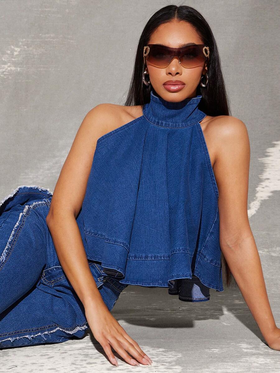 Vixey Ärmelloses Jeansshirt mit hohem Kragen und A-Linie, Streetwear für Frauen, Sommertops, Sommeroutfits für Frauen, Frühlingsoutfits für Frauen, Country, Western, Country-Konzert-Outfits, Boho, Boho-Frauenkleidung