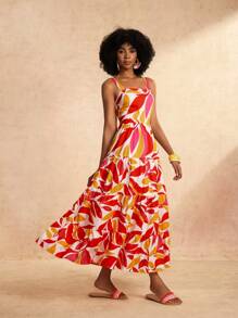 Slaydiva Nuevo vestido largo de verano y primavera informal de vacaciones con estampado de planta y multicapa - Blanco - Ver 3