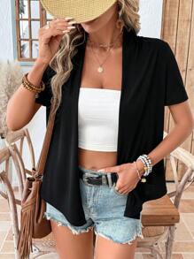 SHEIN LUNE Blusas básicas de manga corta de unicolor con bajo asimétrico para uso diario en primavera y verano para mujer - Negro - Ver 5