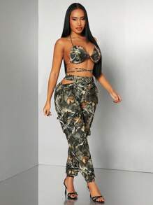 SHEIN SXY 2pcs Sexy Casual Street Camouflage Cargo Set: Bra Top And Wide Leg Cargo Pants, Daily Wear/Party/Club/Music Festival,Summer Sets - Multicolor - View 6