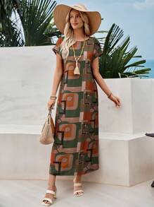 EMERY ROSE Printed Batwing Sleeve Summer Boho Long Dress - Multicolor - View 6
