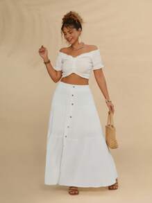 SHEIN VCAY Talla grande Falda con botón delantero bajo con fruncido - Blanco - Ver 6