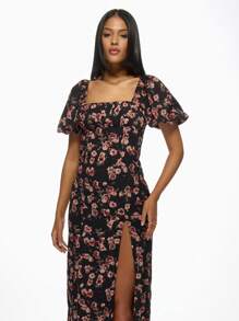 MISSGUIDED Floral Milkmaid Midi Dress With Ruched Bust Puff Sleeves Side Split Square Neck Summer Wedding Guest Tea Party Dress - Black - View 3