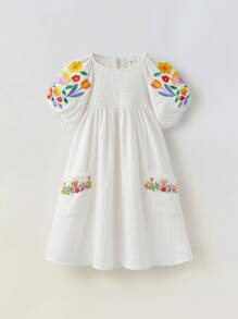 Maija Kids Maija Kids Vestido casual holgado con línea A, manga abullonada y bordados para niñas jóvenes, moda streetwear, apto para uso diario, viajes, escuela, hogar, estilo campestre