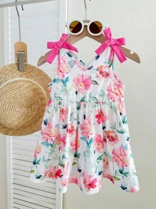 SHEIN 2pcs/Set Baby Girl Cute Floral Print Knitted Dress, Summer Clothes - Hot Pink - View 8
