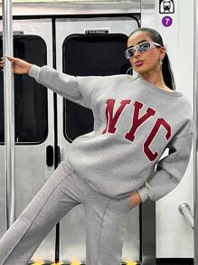 EURMUSE Chic & Cool Oversize Boat Neck Printed Brushed Back Sweatshirts - Grey - View 3