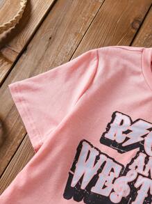 SHEIN Tween Girls Music Festival English Graphic Ruffle Hem Decorated T-Shirt, Fashion & Playful Design For Outdoor Activities And Daily Theme Parties, Spring & Summer