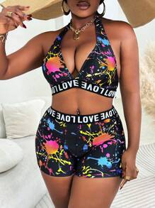 SHEIN Slayr CURVE Plus Size Dames 2-delige badmode, kleurrijke willekeurige letterprint, gewatteerde busteondersteuning, diepe V-top en hoge taille slip, strandvakantie bikini
