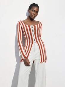 Maija Blouse de vacances à manches longues, nœud sur le devant, motif rayé, style bohème, pour femmes