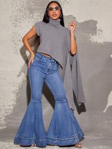 Vixey 层叠喇叭弹力牛仔裤，波西米亚风，波西米亚风女性，乡村音乐会，乡村 - 中等水洗藍 - 查看 1