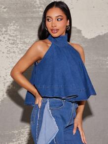 Vixey Ärmelloses Jeansshirt mit hohem Kragen und A-Linie, Streetwear für Frauen, Sommertops, Sommeroutfits für Frauen, Frühlingsoutfits für Frauen, Country, Western, Country-Konzert-Outfits, Boho, Boho-Frauenkleidung