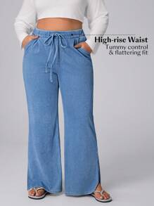Flexra Plus Size Women Loose Stretchy Knit Denim Waistband Straight Leg Pants Apple Bottom Jeans - Blue - View 3