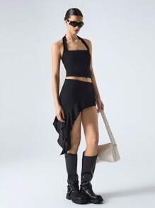 LYSMO 女士透明露背上衣搭配不对称荷叶边下摆裙子套装