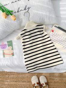 SHEIN Baby Girls Casual Cute Knitted Striped Sleeveless Dress - Black and White - View 2
