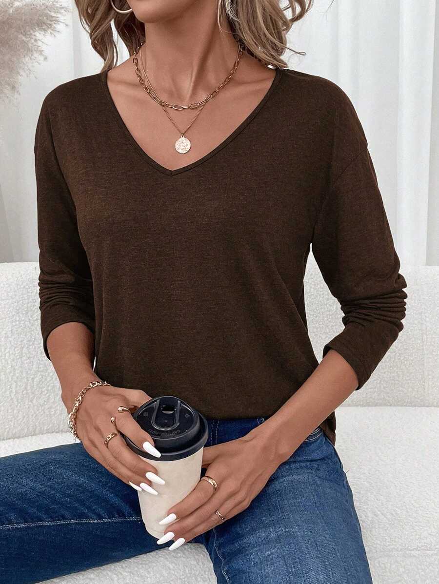 SHEIN LUNE Casual Minimal Solid Color Versatile V-Neck Long Sleeve Women T-Shirt, Suitable For Spring & Autumn - Brown - View 1