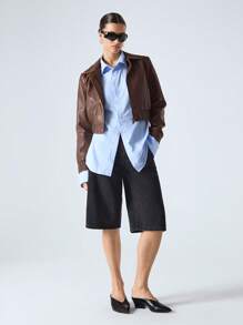 LYSMO Casual Vintage Textured Leather Cropped Jacket - Brown - View 4