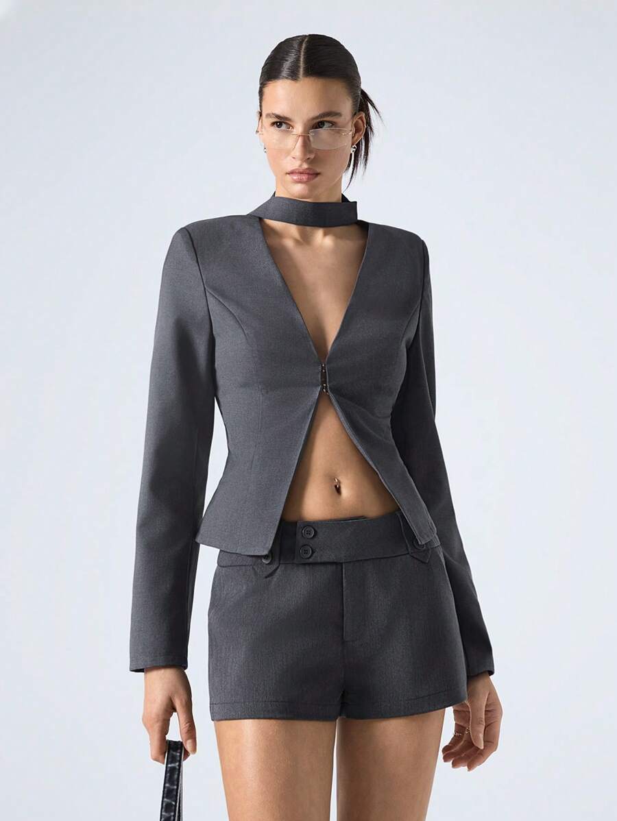 LYSMO Draped Edge Long Sleeves Solid Blazer - Green - View 1