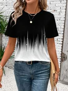 EMERY ROSE Casual Minimalist Black White Ombre Line Print Loose Crew Neck Short Sleeve T-Shirt For Women