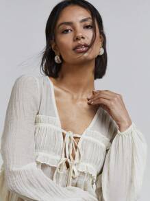 Athîral 女式纯色前系带长袖褶皱时尚衬衫