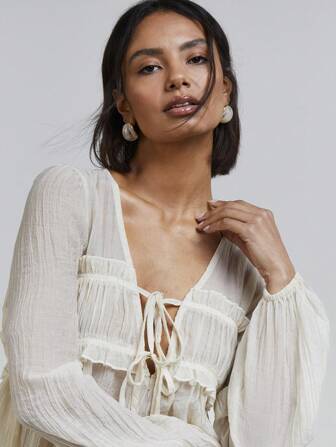 Athîral 女式纯色前系带长袖褶皱时尚衬衫