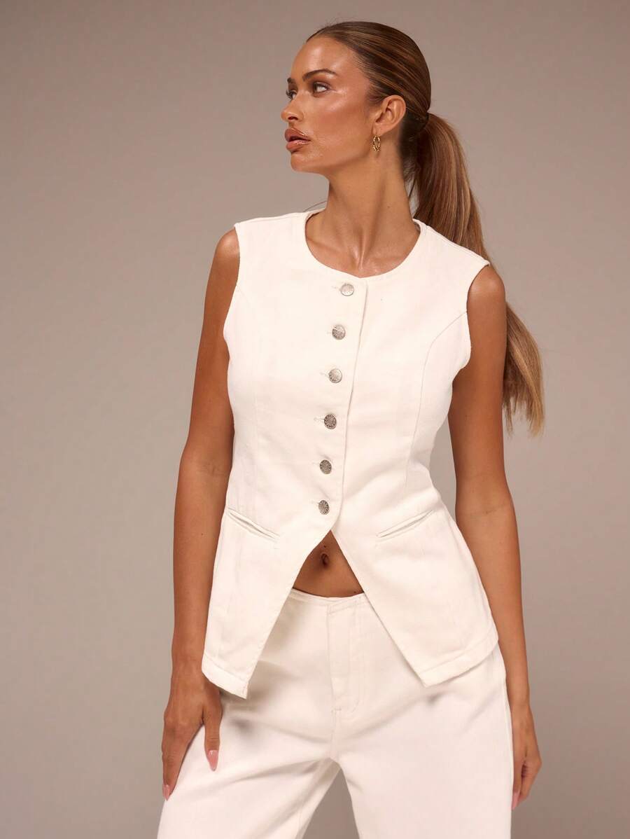 MUSERA 纽扣牛仔背心外套，春夏皆宜，休闲优雅，适合伊比沙岛音乐会、度假、办公室工作、返校季、冬季日常工作等场合，尽显职场时尚。 - 白色 - 查看 1