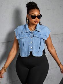 SHEIN SXY 大码女式单排扣短款休闲无袖牛仔上衣 - 藍色 - 查看 4