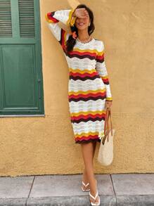 Breezaya French Style Colorblock Wave Design Striped Hollow-Out Knitted Sweater Dress - Multicolor - View 3