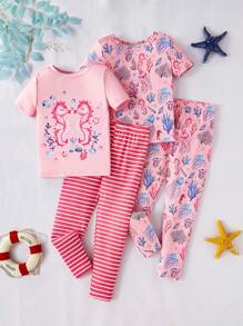 Young Girl Snug Fit Pajamas Set - Short Sleeve Top And Matching Pants. Featuring Cute Designs Of Hippo, Seaweed, Jellyfish, And Starfish In A Pink And Blue Tone. Soft Striped Fabric Material. - Multicolor - View 4