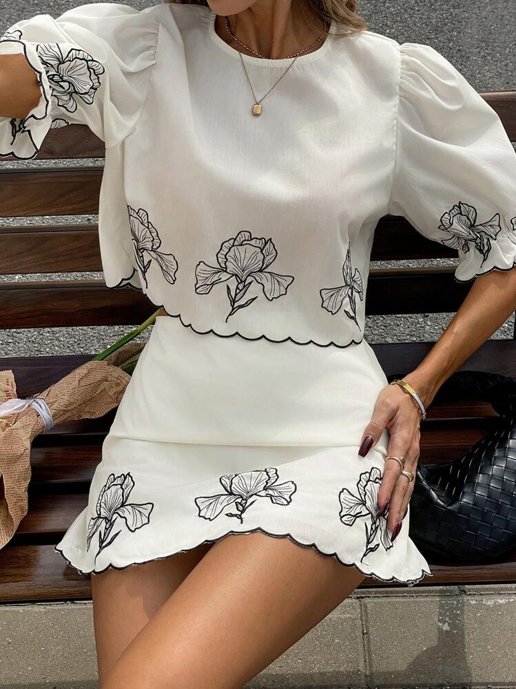 Serisse 2 件女式纯色短袖短款上衣和迷你裙套装，休闲时尚，适合日常穿着 - 彩色 - 查看 6